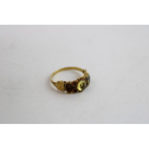 639 - An antique gold ring, possibly Georgian, missing stones, with a pair of 9ct gold earrings and a gold... 