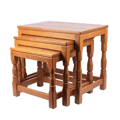 23 - Knightman Family: An Old Mill Furniture (Balk): An Oak Nest of Three Tables, dimpled tops, on four o... 