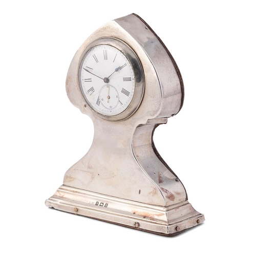 288 - Silver Art Nouveau mantel clock, wooden back, with key, Birmingham 1912, J D W D, 11.5cm tall.