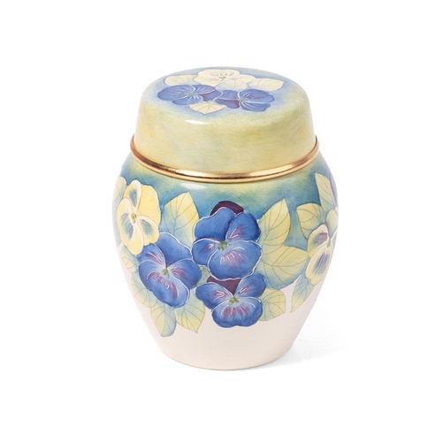 225 - Moorcroft Enamel limited edition ginger jar in the Pansy pattern, 7.5cm tall.