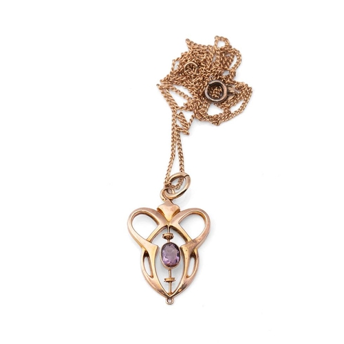 425 - An Art Nouveau 9ct gold and amethyst pendant, of swirling heart shaped form, with later jump ring an... 