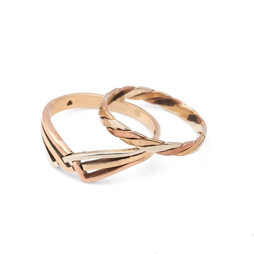 430 - Two tri-colour 9ct gold rings, comprising a wishbone ring, with Celtic weave design, size L, and a t... 