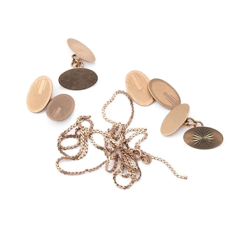 444 - Two pairs of 9ct gold cufflinks together with a 9ct gold necklace a/f. Weight 16g.