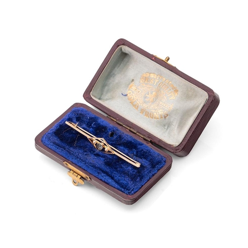 445 - A cased 14ct gold Art Deco style bar brooch set pearls and blue stone. Width 57mm. Weight 2.4g.