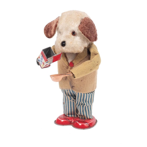 66 - Alps 'Greedy Pup' Japan clockwork tin toy, circa 1950's wearing a felt jacket with blue and white st... 