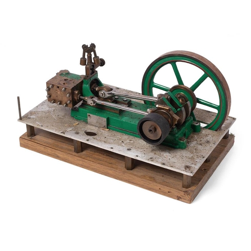 71 - A  model of an stationary horizontal engine mounted on an aluminium base and wooden board. Height 17... 