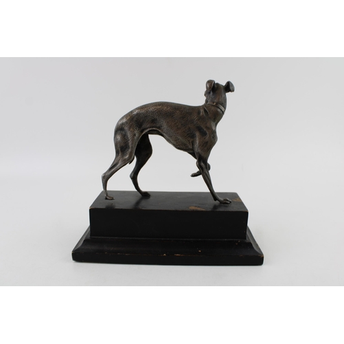 10 - After P J Mene, A 19th century silver plated bronze sculpture of a whippet / greyhound on wooden pli... 