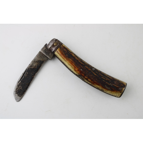 14 - Early c20th Saynor Sheffield flat cap bone handle pruner pruning folding pocket knife stamped 'W.Say... 