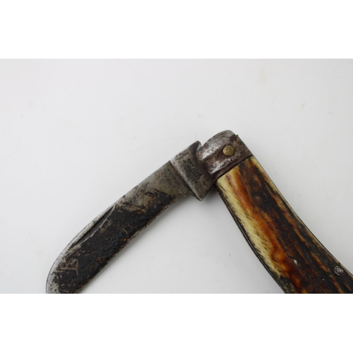 14 - Early c20th Saynor Sheffield flat cap bone handle pruner pruning folding pocket knife stamped 'W.Say... 