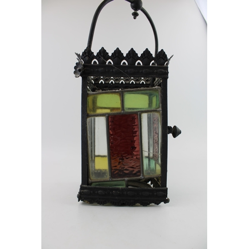 19 - A late 19th / early 20th century porch lantern, pressed steel with cast frame and stained glass pane... 