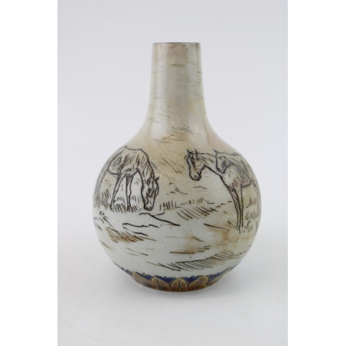 213 - Royal Doulton Hannah Barlow stoneware vase, onion shape, decorated with horses, 12.5cm tall (restore... 