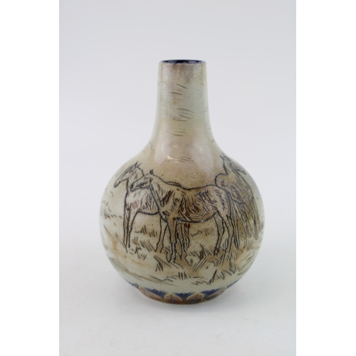 213 - Royal Doulton Hannah Barlow stoneware vase, onion shape, decorated with horses, 12.5cm tall (restore... 