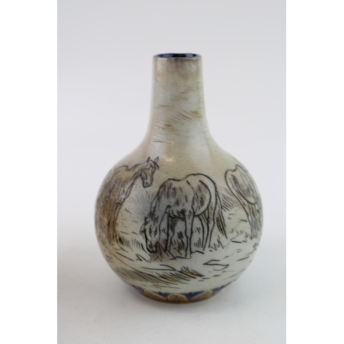 213 - Royal Doulton Hannah Barlow stoneware vase, onion shape, decorated with horses, 12.5cm tall (restore... 