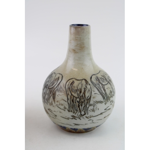 213 - Royal Doulton Hannah Barlow stoneware vase, onion shape, decorated with horses, 12.5cm tall (restore... 