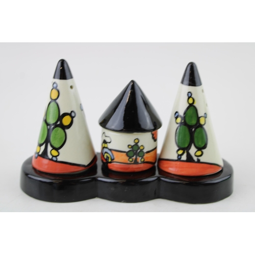 227 - Lorna Bailey cruet set on tray, Old Ellgreave backstamp, 13.5cm wide.