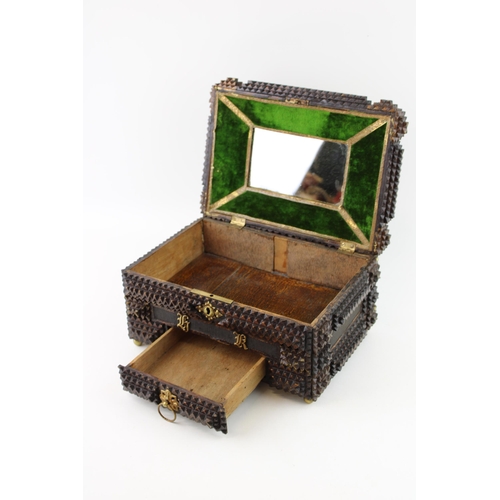 26 - Early c20th Tramp art or folk art Jewellery box with drawer and mirror on the inside of the lid