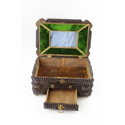 26 - Early c20th Tramp art or folk art Jewellery box with drawer and mirror on the inside of the lid