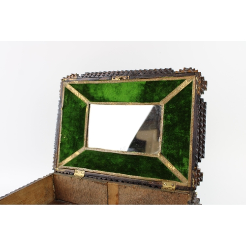 26 - Early c20th Tramp art or folk art Jewellery box with drawer and mirror on the inside of the lid