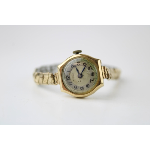 268 - 9ct gold hallmarked ladies wrist watch VISIBLE, on plated bracelet, not working.