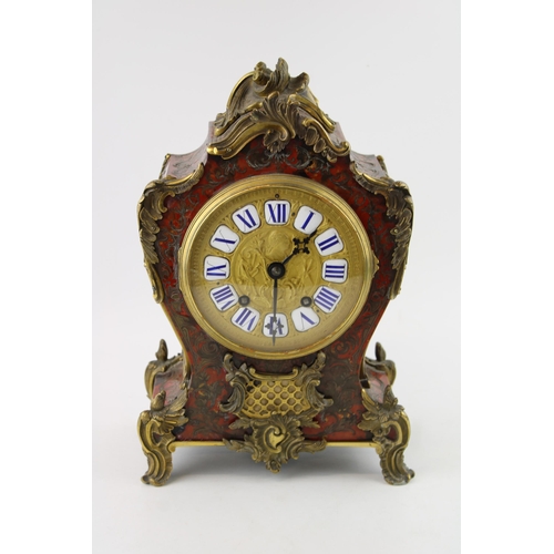 33 - Very ornate late c19th French Empire style bronze mantle clock with red boulle work brass inlay reta... 