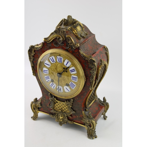 33 - Very ornate late c19th French Empire style bronze mantle clock with red boulle work brass inlay reta... 