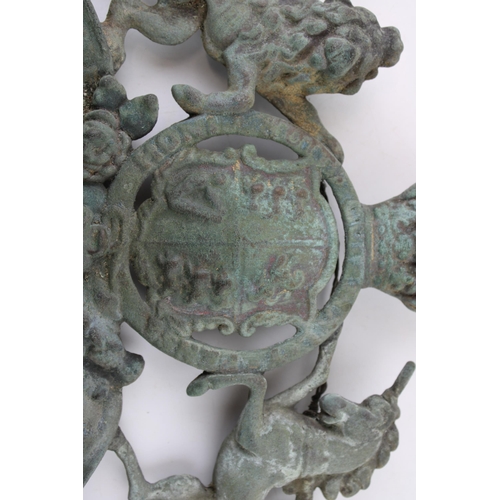 57 - A Victorian bronze metal coat of arms with weathered verdigris finish c1880