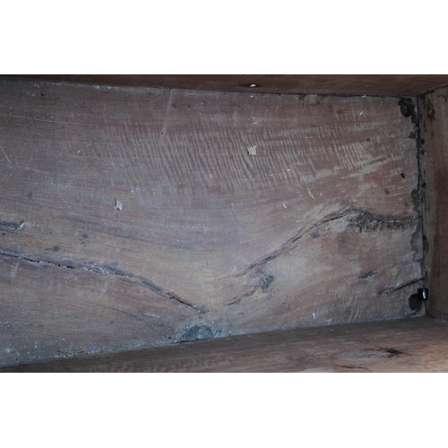 32A - 17th or 18th century oak coffer / blanket box, each side a single plank, with metal fixtures and fit... 