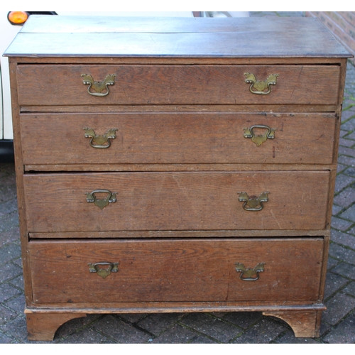 32B - Antique elm chest of drawers, four drawers, brass handles, dovetail, raised on feet, 93cm wide, 57cm... 