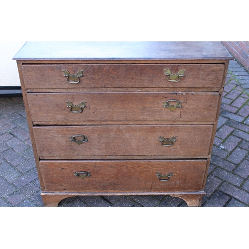 32B - Antique elm chest of drawers, four drawers, brass handles, dovetail, raised on feet, 93cm wide, 57cm... 