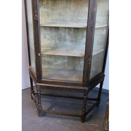 32C - Victorian glazed display cabinet, raised on four-leg support, velvet lined interior, four shelves pl... 