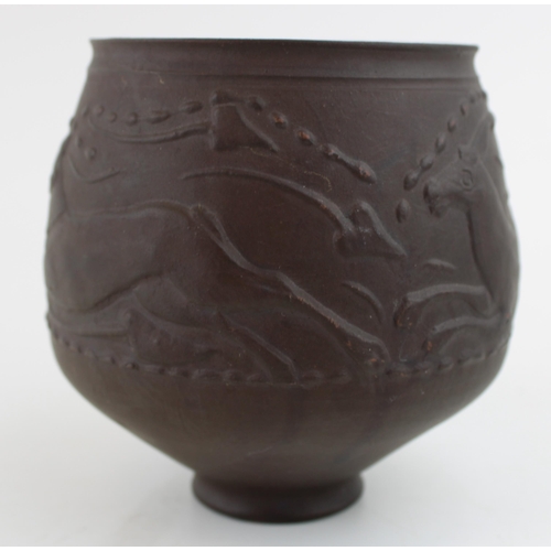 17 - Milestone Pottery studio vase, with stylized animals, 11cm tall.