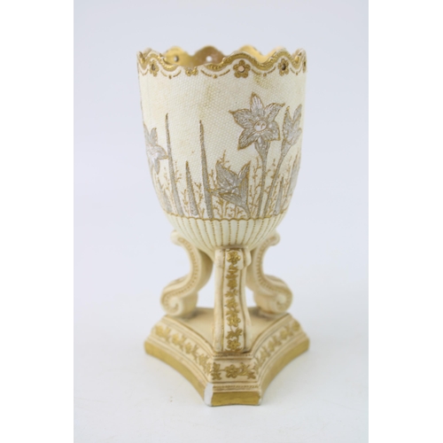 18 - 19th century pot purri unmarked, raised on three legs, lace effect decoration shaped rim, gilt highl... 