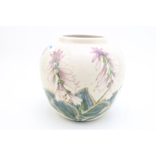 132 - Cobridge Stoneware vase with foxglove design, 17cm tall.