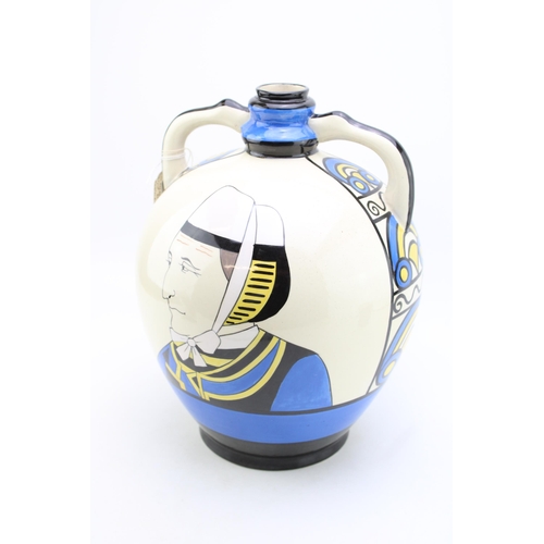 204 - HB Quimper large two handled marriage flagon, with a profile of a man and a woman, Art Deco influenc... 