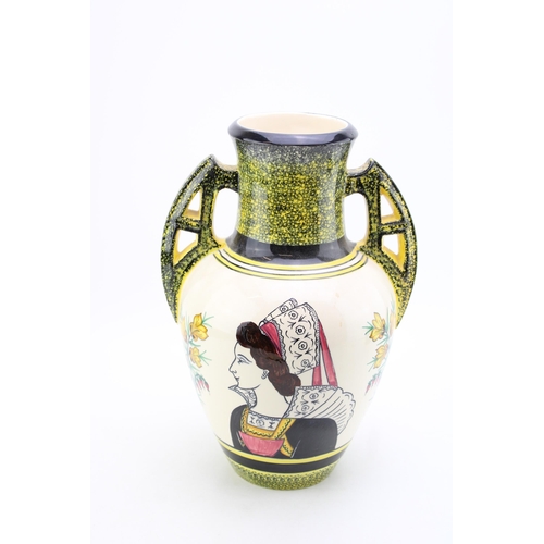 205 - Quimper Two handled vase, Modernist style handles, with decoration of a lady's profile amongst flowe... 