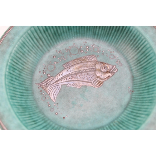 211 - Gustavsberg Argenta Stoneware Silver Overlay Fish Bowl. Diameter 15.5cm.