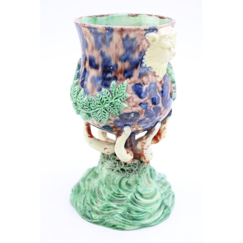 231 - 19th century majolica wine goblet, circa 1880s, raised on bocage, 14.5cm tall.