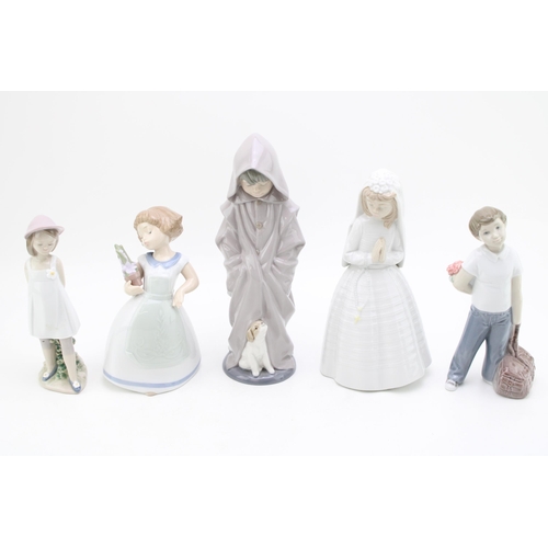 243 - Nao figures to include a bride, a boy in a long overcoat, a girl holding a flower and others (5), ta... 