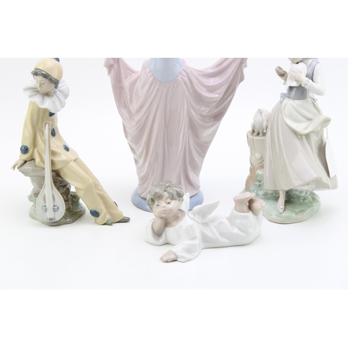 252 - Lladro to include a Jester with a Mandolin, a lady holding her dress, a girl feeding doves and a che... 