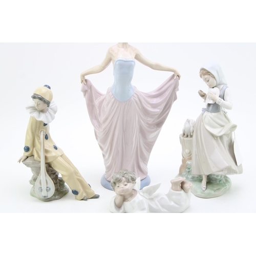 252 - Lladro to include a Jester with a Mandolin, a lady holding her dress, a girl feeding doves and a che... 