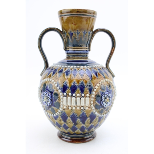 274 - Doulton Lambeth stoneware two handled vase with jewelled decoration, '8377', 20cm tall.