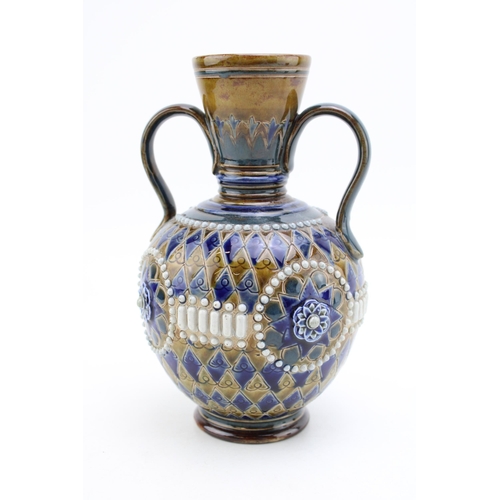 274 - Doulton Lambeth stoneware two handled vase with jewelled decoration, '8377', 20cm tall.