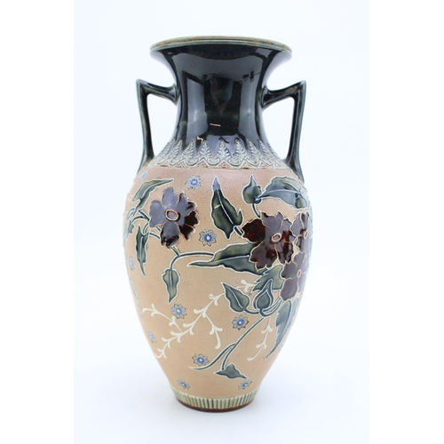 276 - Doulton Lambeth two handled vase 'Art Union of London' to base, floral decoration, 25cm tall.