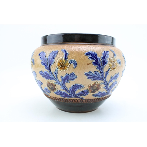 278 - Doulton Lambeth stoneware jardiniere, blue floral decoration on brown background, 23.5cm diameter.