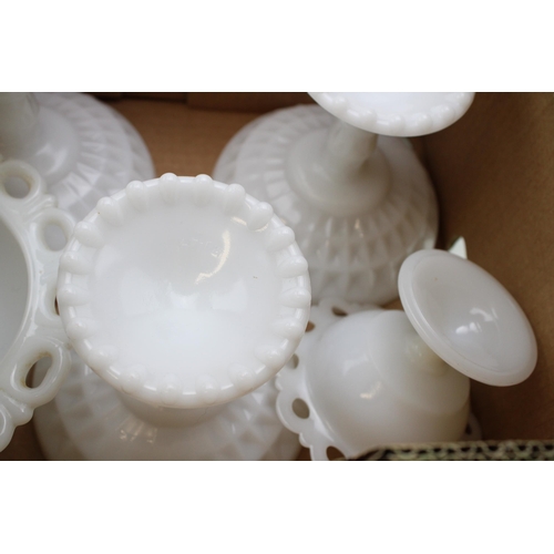 319 - A collection of milk glass bon bon dishes in the Old Colony pattern to include scalloped edge exampl... 