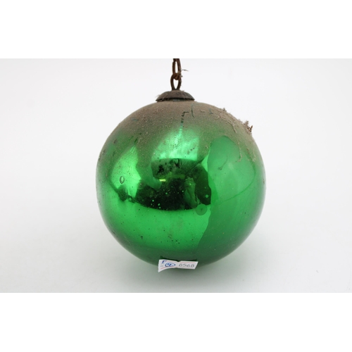 324 - Witches ball, green mirrored glass. 10cm diameter