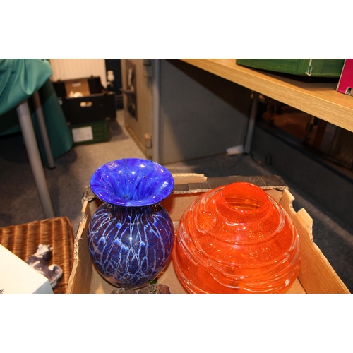 334 - A mixed collection of mid century decorative glass vases to include blue, orange, green and clear gl... 