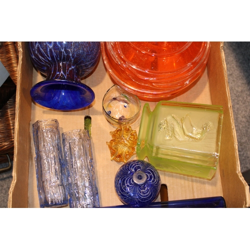 334 - A mixed collection of mid century decorative glass vases to include blue, orange, green and clear gl... 