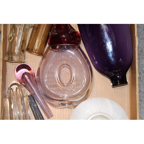 335 - A mixed collection of mid century decorative glass vases to include purple, lilac, white and clear g... 