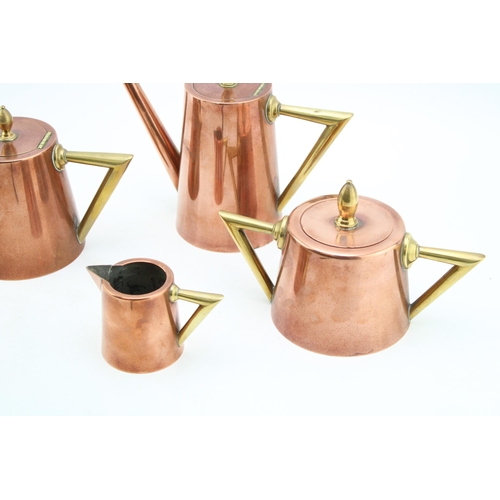 361 - An Art Deco tea and coffee set in copper and brass to include teapot, coffee pot, cream and sugar.. ... 